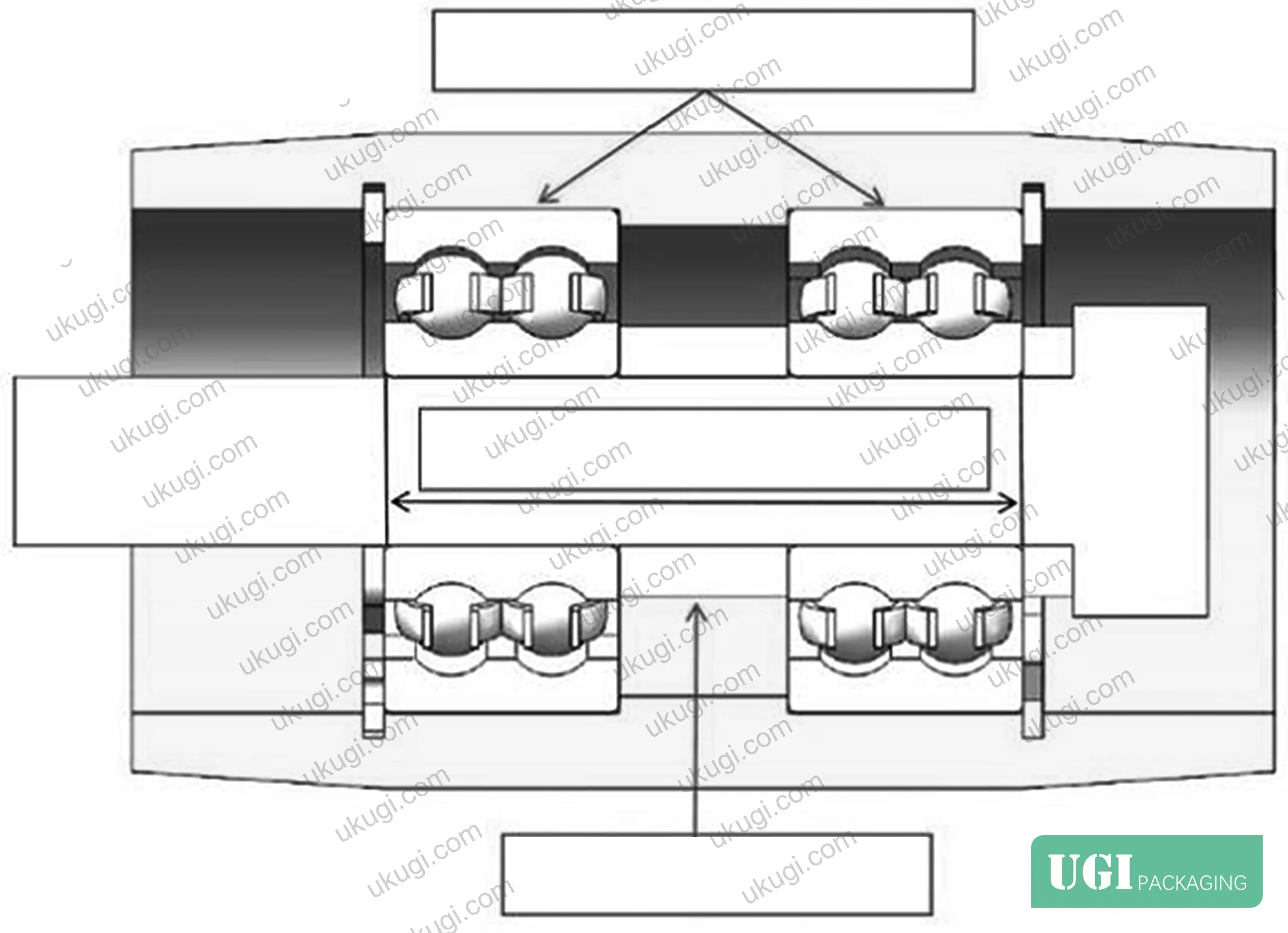 Figure 2: Optimized bearing assembly showing 4200-series wide bearings (14 mm each), precision spacer sleeve (10 mm), and resulting 24 mm bearing face separation — support span ≥ 1/2 of roller total width