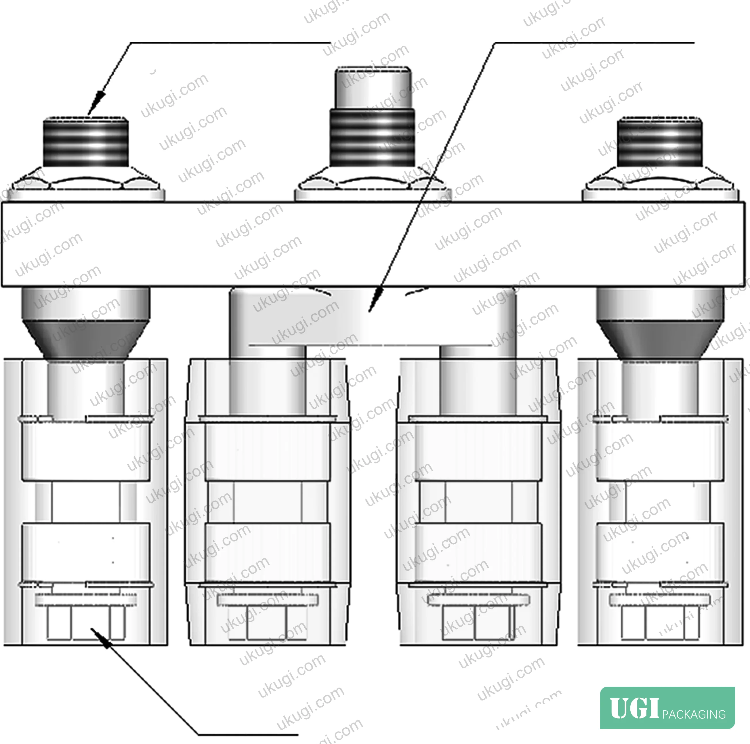 Figure 3: Redesigned locking brackets (fixed and floating) and roller shaft with induction-hardened bearing seats — all modifications dimensioned to fit within the original installation envelope