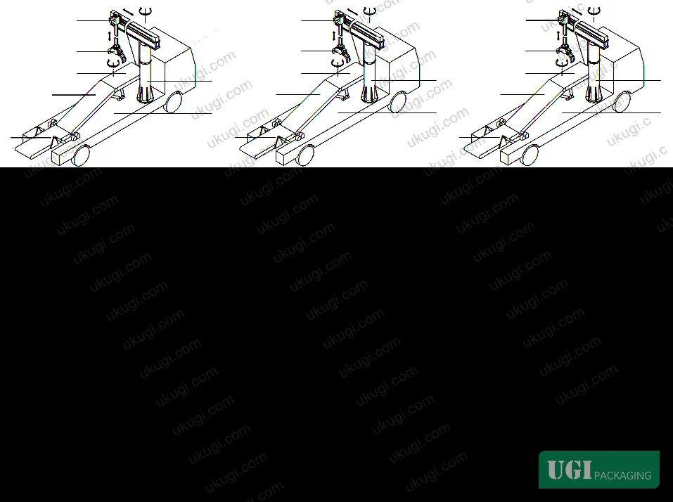 Figure 1: Schematic of the integrated mobile tobacco packet loading and unloading machine showing truck chassis, cantilever crane, cross-slide table, gripper, and three-segment conveyor arrangement
