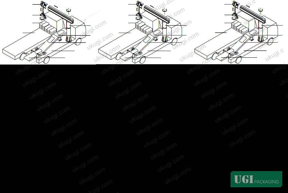 Figure 2: Operational diagram of the mobile loading/unloading system showing truck positioning, cantilever arm deployment, cross-slide movement, and pack transfer sequence
