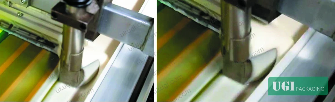 Figure 3: Flat-slot ink supply nozzle positioned at center of squeegee-flood blade channel — lateral distribution prevents localized particle concentration