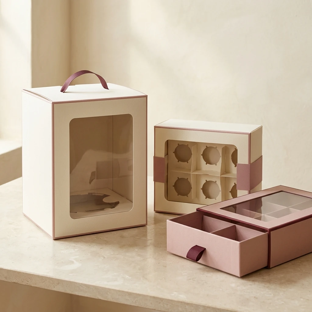 Window cake carrier, cupcake insert box and pastry drawer arranged as a bakery packaging video cover