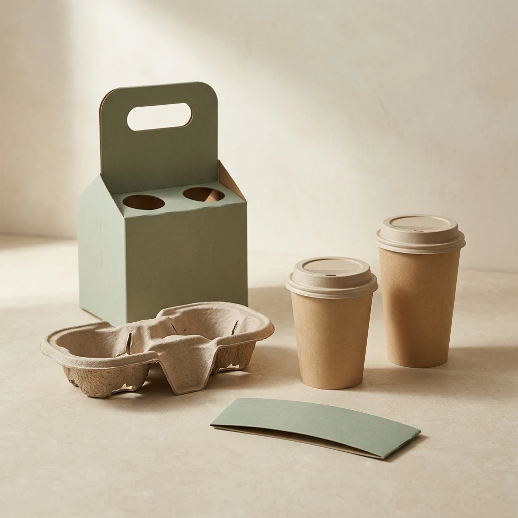 Paper cups, moulded-fibre cup tray and handled drink carrier arranged as a beverage packaging video cover