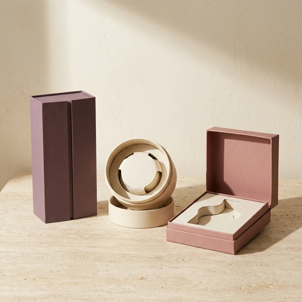 Tall perfume carton, round jar box and fitted cosmetics presentation box arranged as a packaging video cover