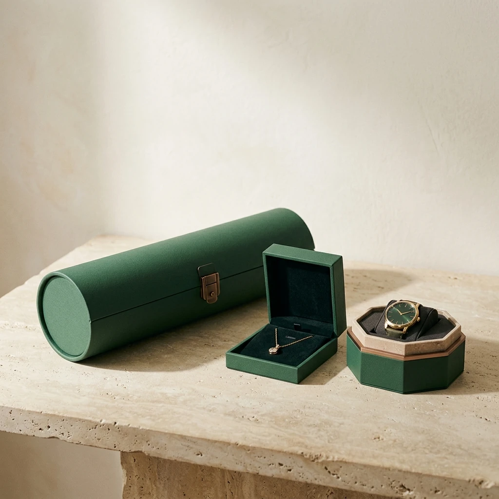 Cylindrical presentation case, hinged jewellery box and hexagonal watch box arranged as a gift packaging video cover