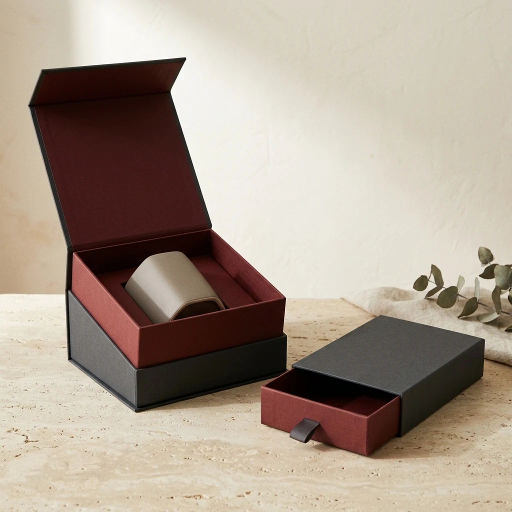 Open magnetic rigid box, fitted insert and drawer box arranged as a premium gift packaging video cover