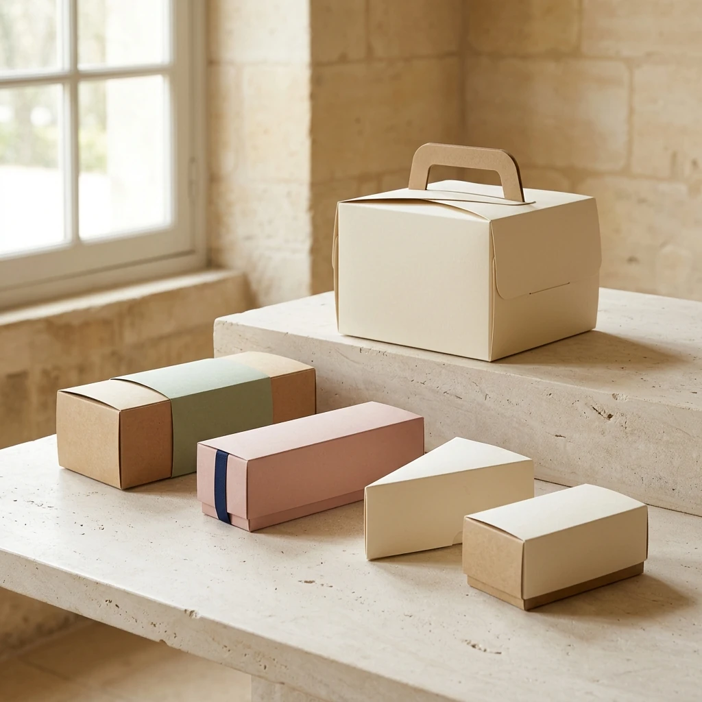 Closed cake, pastry, macaron and dessert boxes arranged as a bakery packaging video cover