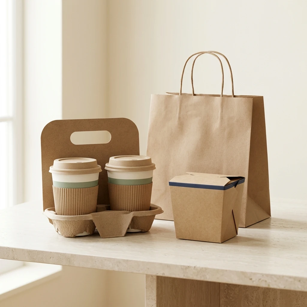 Paper cups, cup carrier, takeaway bag and snack carton arranged as a beverage packaging video cover