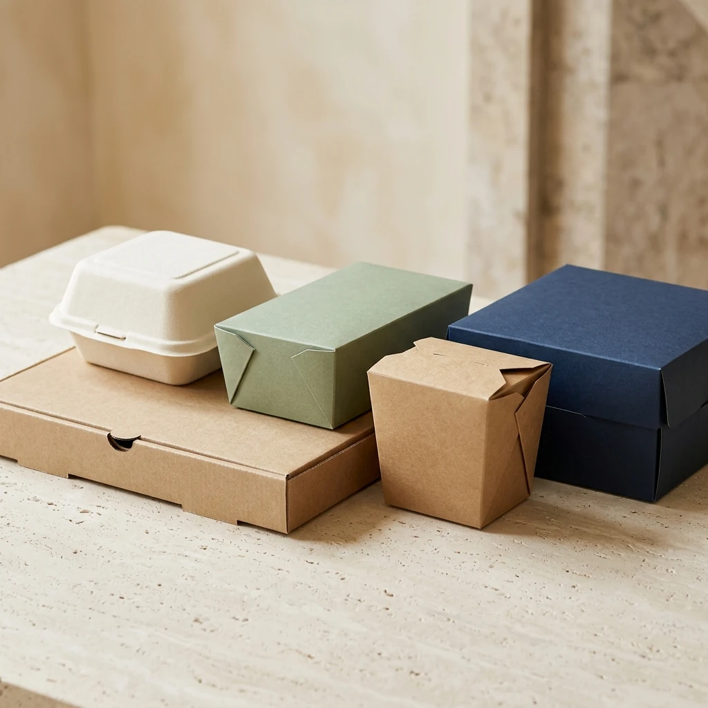 Closed pizza, burger, takeaway and snack boxes arranged as a food packaging video cover