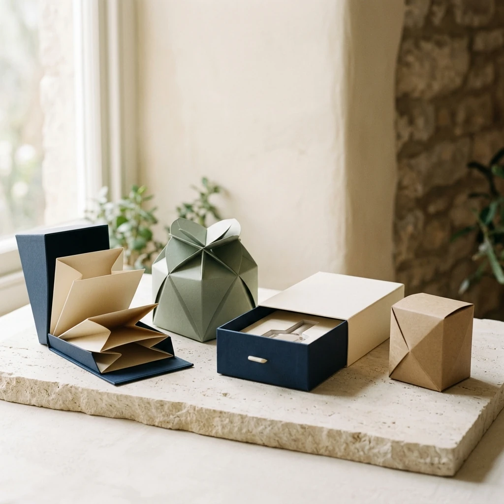 Complex folding, drawer, insert and faceted packaging structures arranged as design references