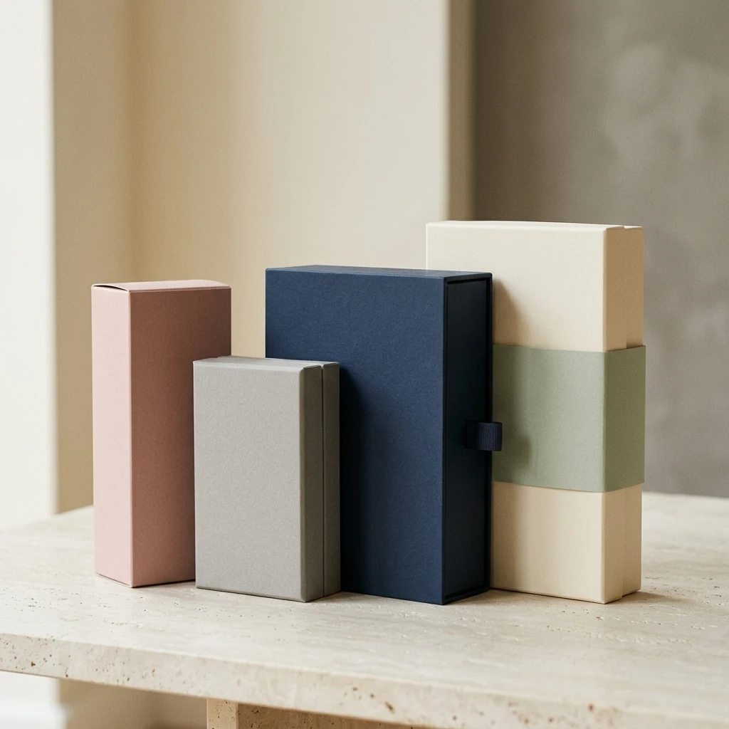 Closed perfume and cosmetics cartons arranged as a premium packaging video cover