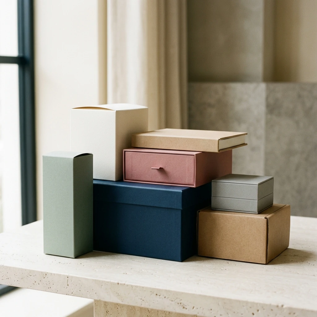 Closed rigid, drawer, folding, perfume and jewellery gift boxes stacked as a coordinated packaging system
