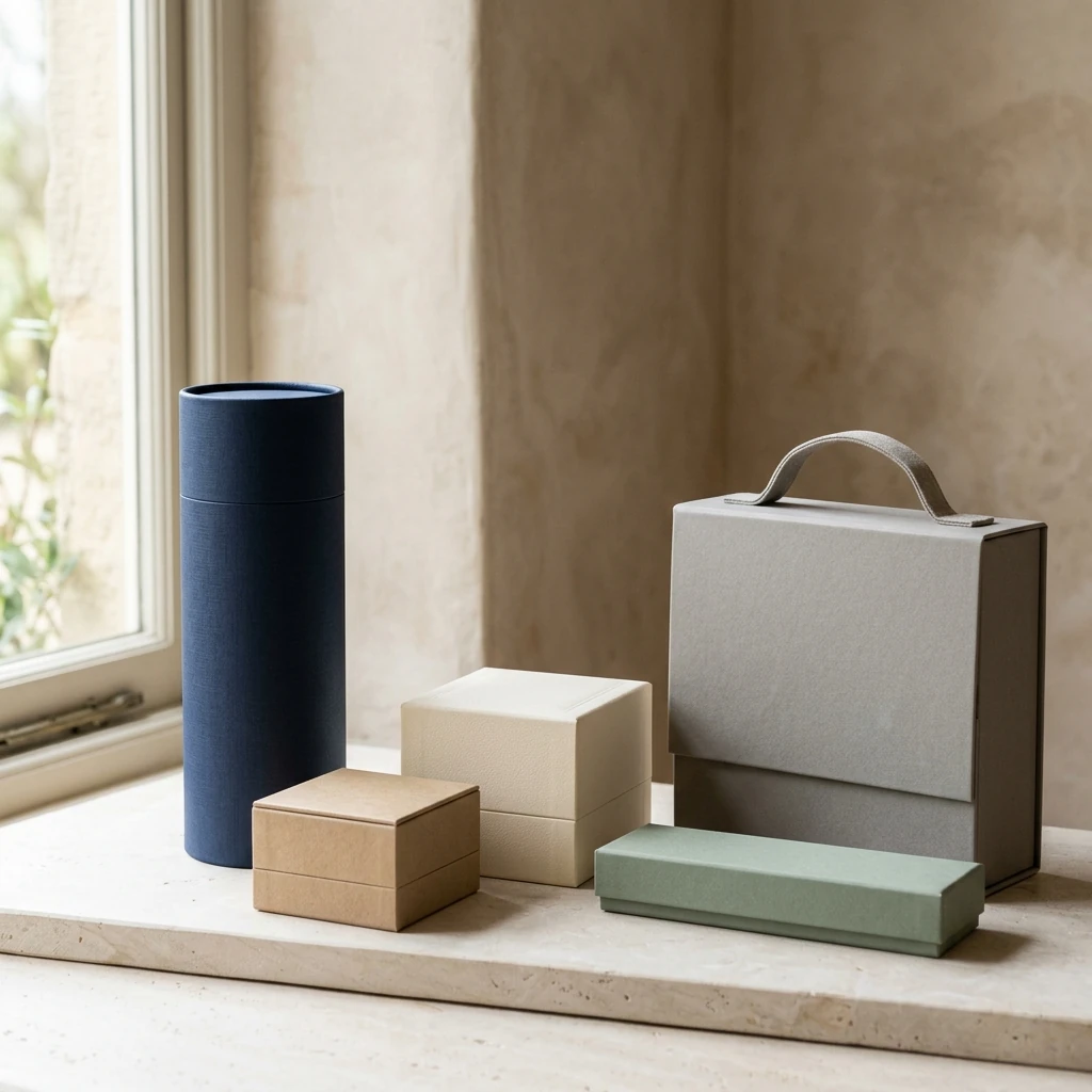 Closed jewellery, watch and presentation packaging arranged as a gift packaging video cover