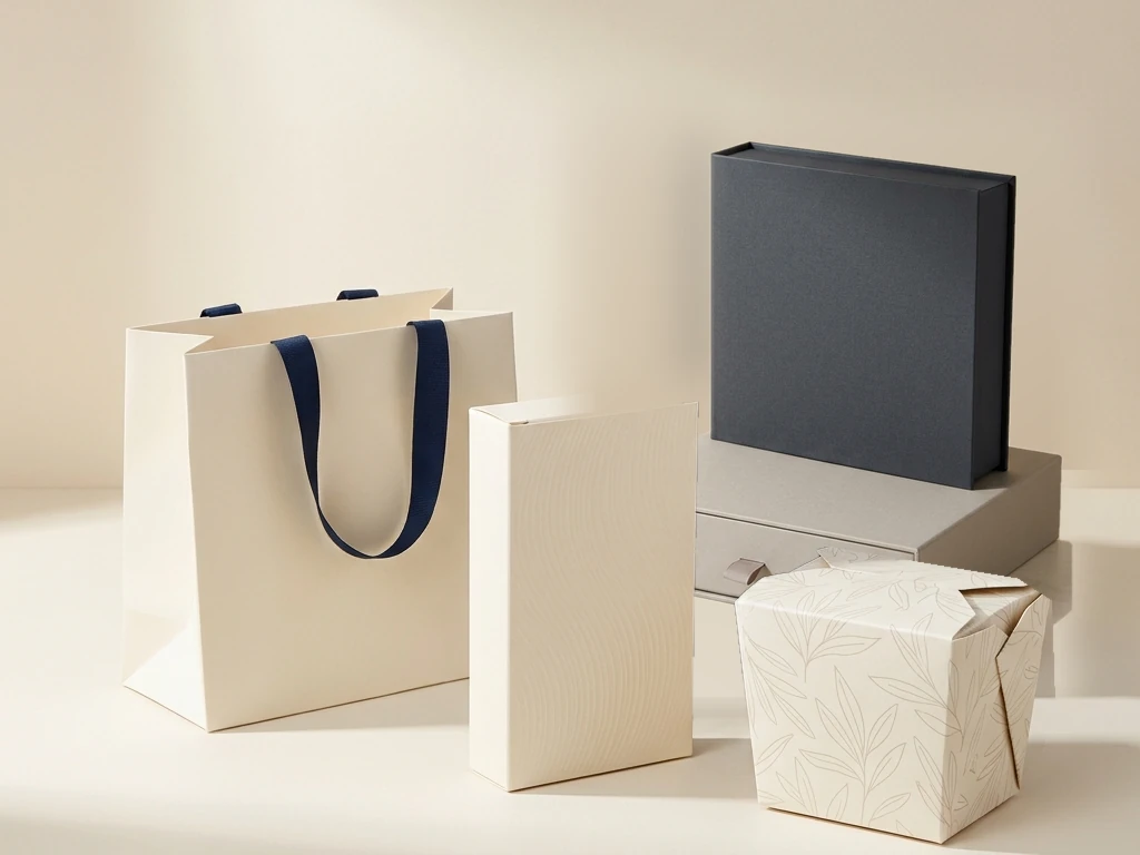Premium packaging system with an ivory paper bag, charcoal book-style box, warm grey drawer box, folding carton and food box