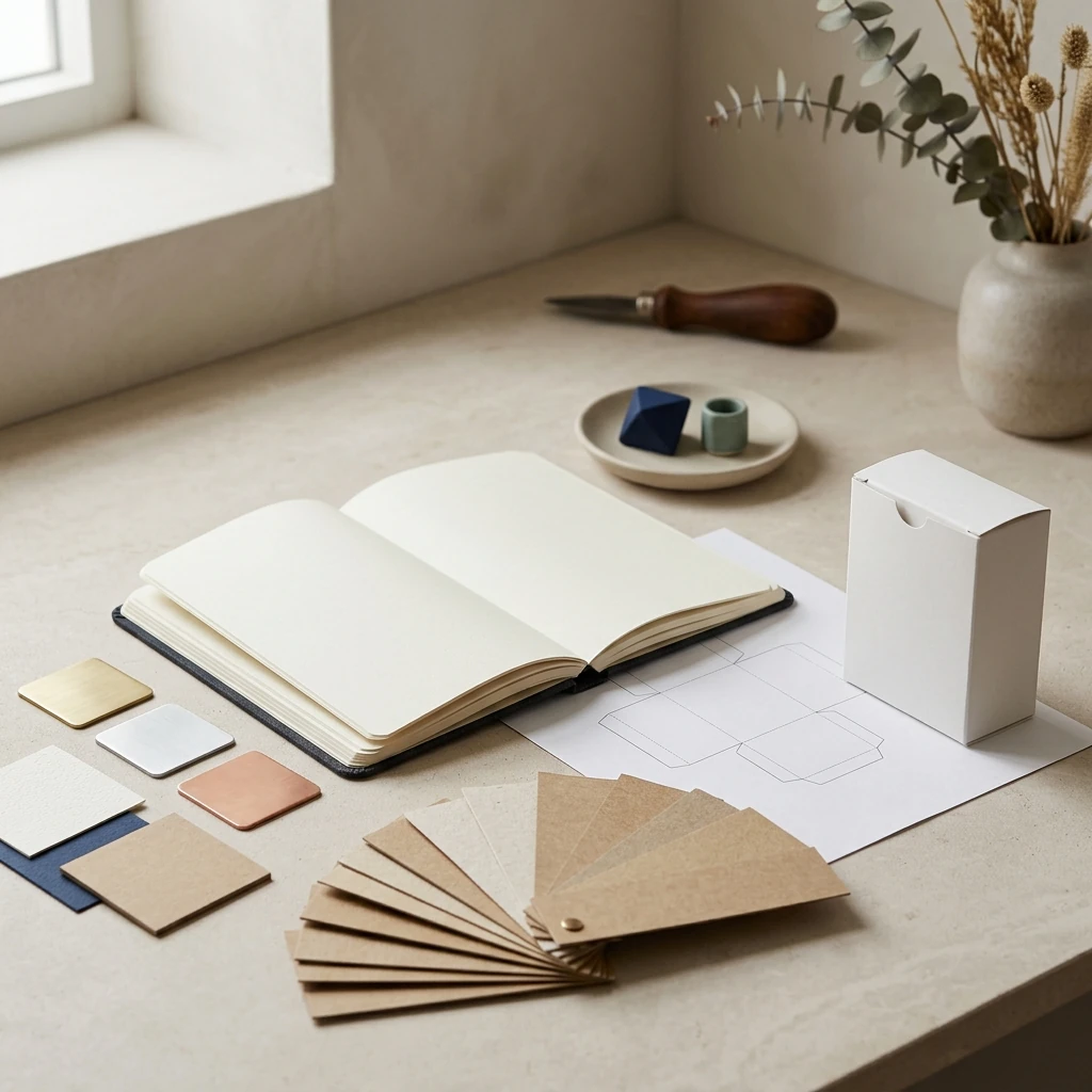 Packaging technical reference desk with dieline, paperboard and finish samples