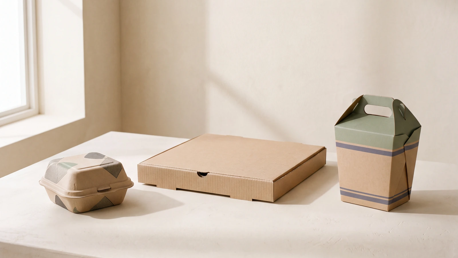 Closed pizza, burger, takeaway and paper cup packaging arranged as a food packaging video cover