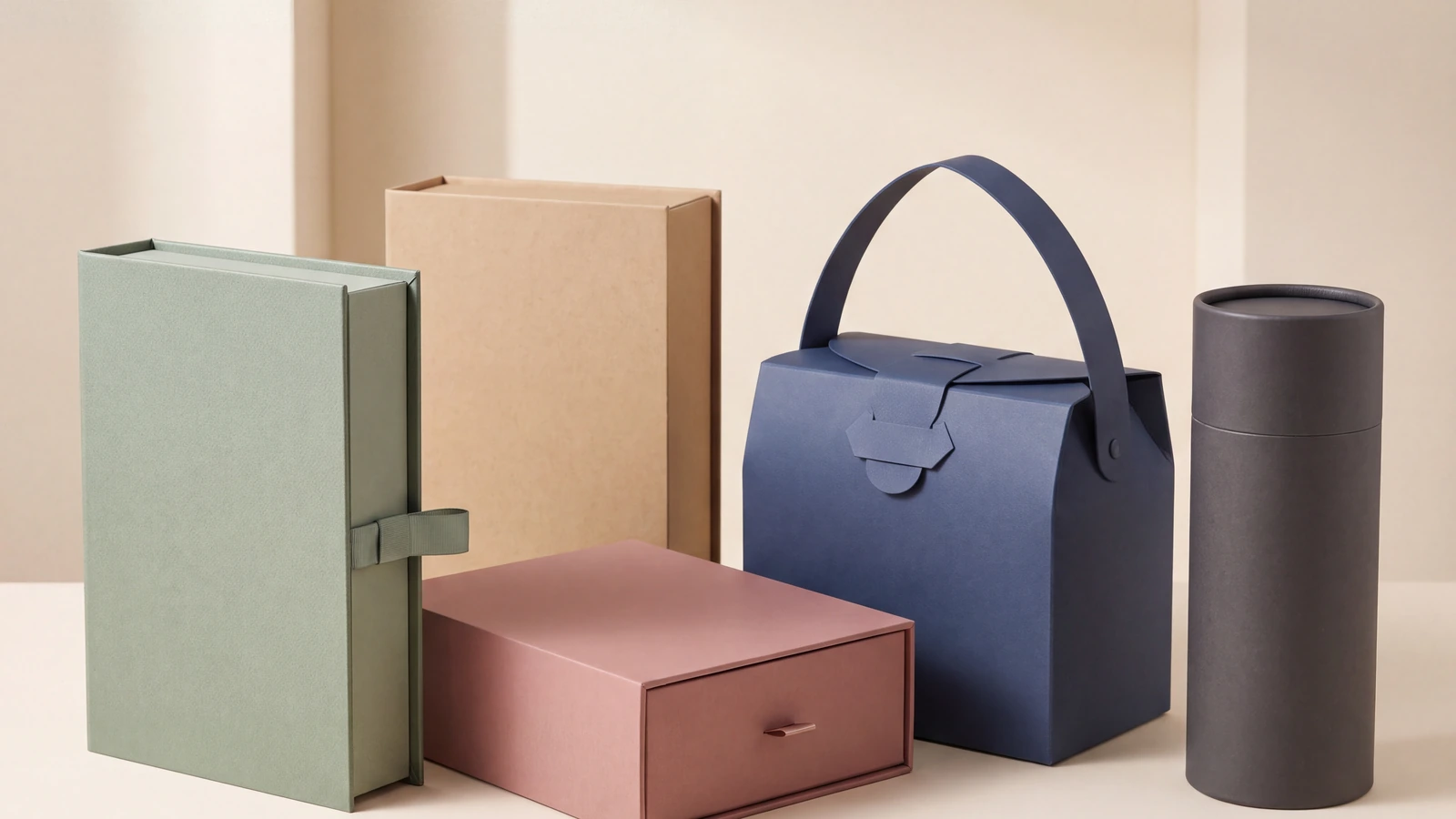 Closed rigid, folding and presentation gift boxes arranged as a gift packaging video cover
