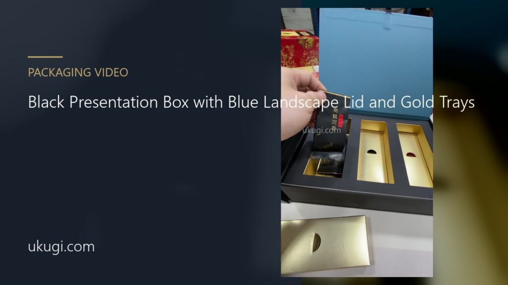 Black Presentation Box with Blue Landscape Lid and Gold Trays | ukugi.com