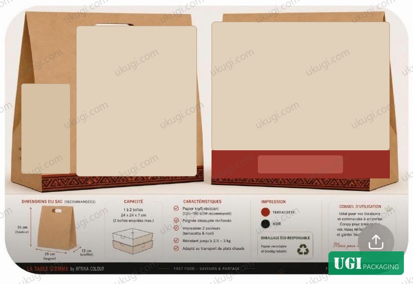 Anonymized kraft paper takeaway bag reference with die-cut handles, side gussets and printed specification panel