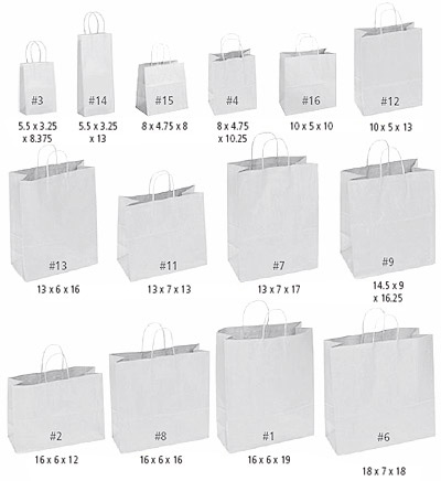 White kraft shopping bag size examples